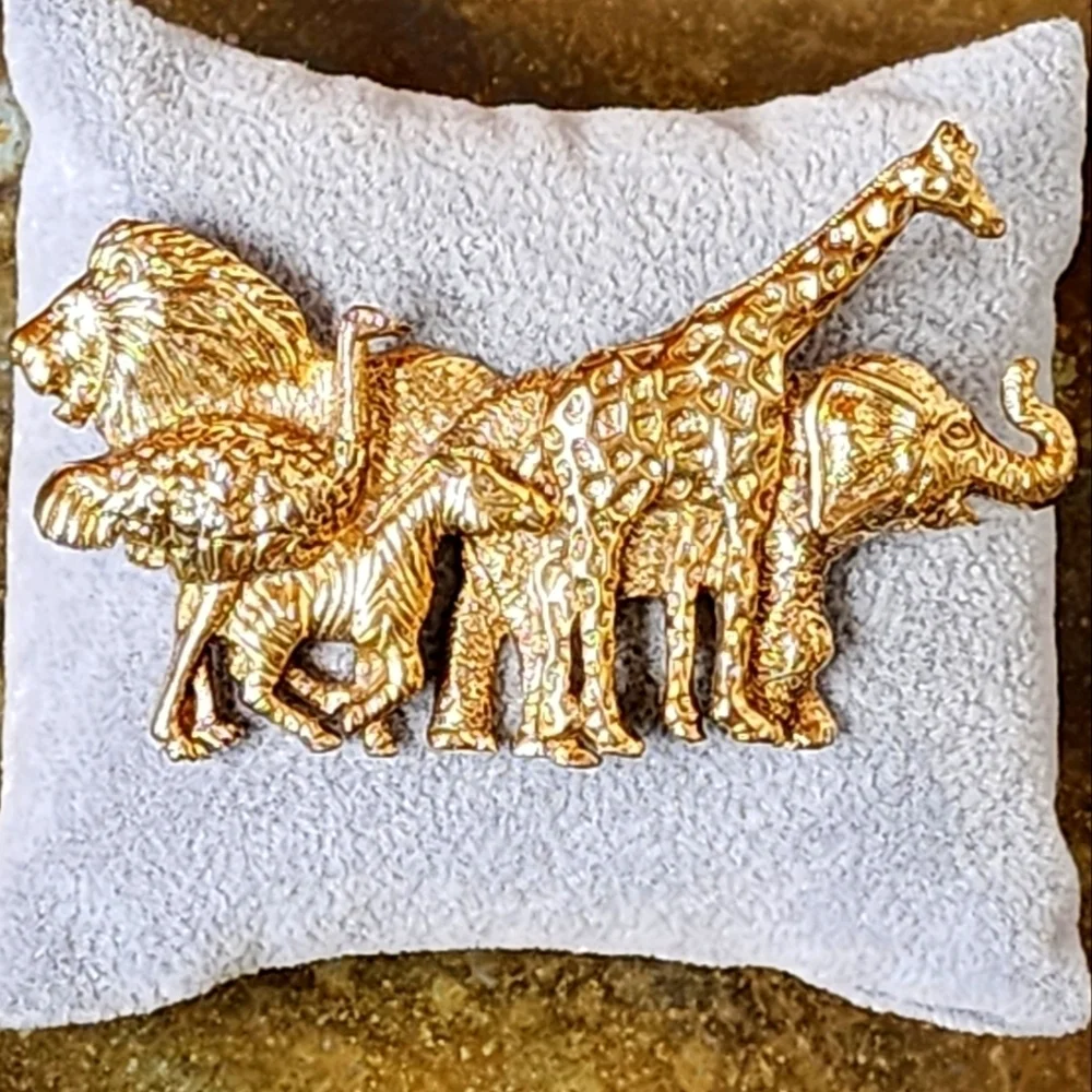 Vintage 1928 BroochnCares Gold Tone African Safari Animals Pin Nickel Free HUGE!